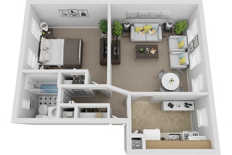 Floor plan for 1 bed, 1 bath, 677 sqft